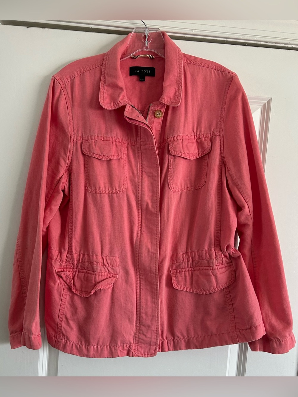 Talbots Women's Coral Pink Lightweight Full Zip Large Jacket Pockets Cinch Waist